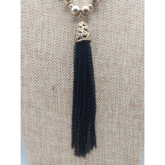 Charming Charlie Gold Tone & Black Long Beaded Necklace Chain Tassel Pendant 34" - Picture 5 of 8